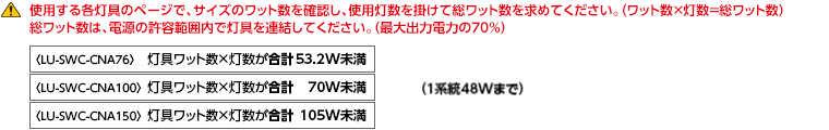 使用する各灯具のページで、サイズのワット数を確認し、使用灯数を掛けて総ワット数を求めてください。（ワット数×灯数＝総ワット数）総ワット数は、電源の許容範囲内で灯具を連結してください。（最大出力電力の70％）
